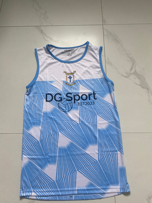 Ratoath GAA sleeveless blue and white training top.